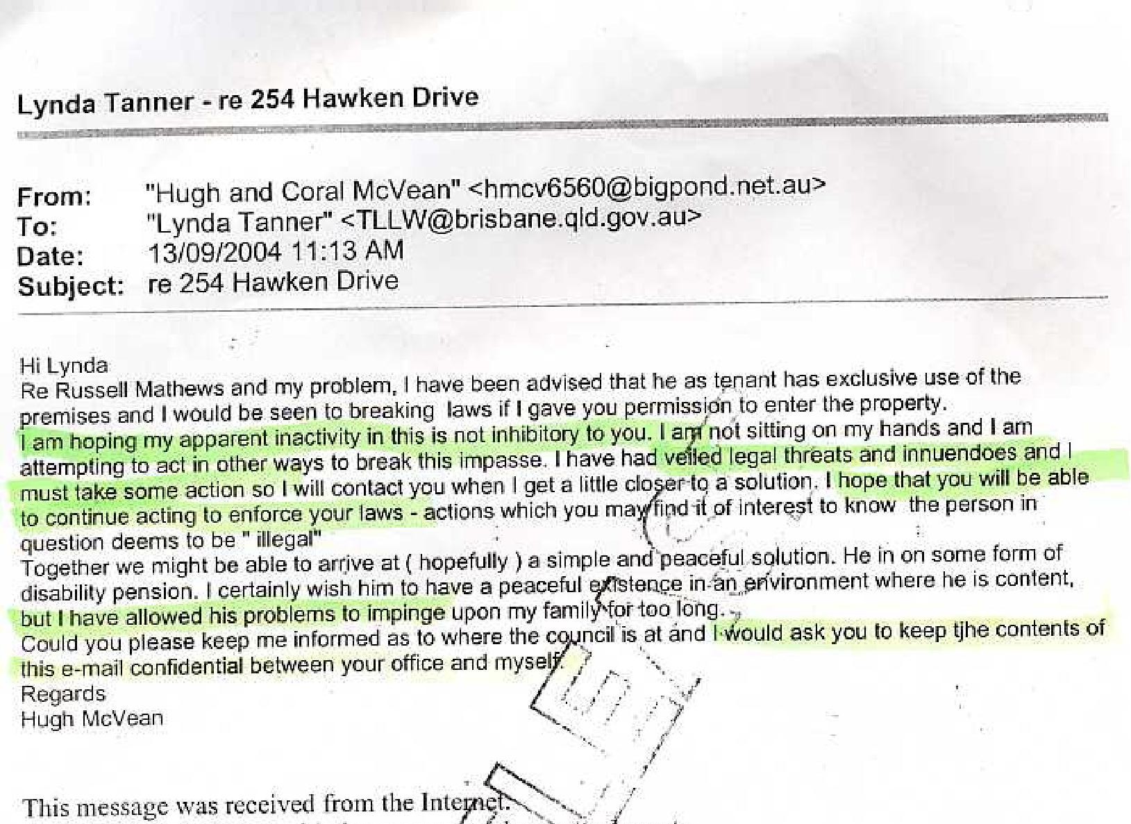 Hugh's letter to BCC to conceal from me he calaled the person in question.
