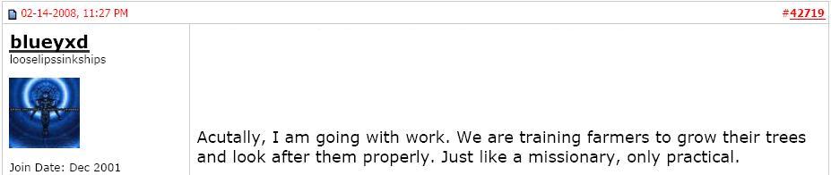 The fraudulent fruitcake further advises, on the DPI Sexual Harassment Notice Board, of the reason he is travelling to Vietnam "with work".  "We are training farmers to grow their trees and look after them properly. Just like a missionary, only practical."